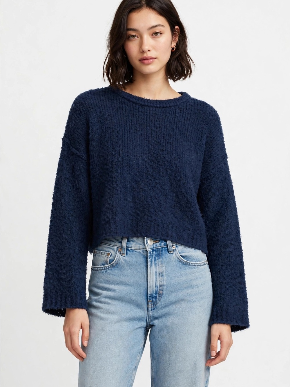 Anthropologie Textured Cropped Crewneck Sweater - Navy